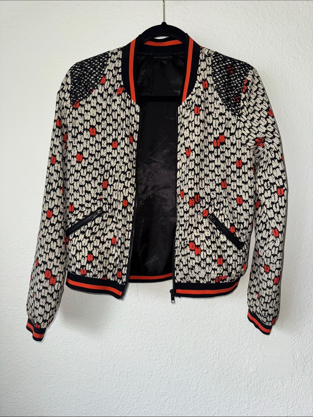 Dance & Marvel Ivory and Black Patterned Bomber with Orange Trim